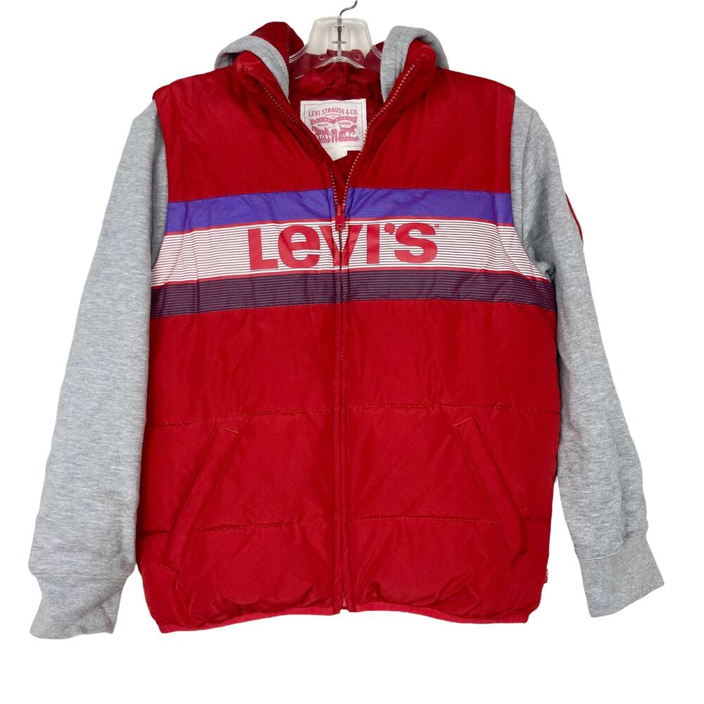 Levis Red Gray Spell Out Coat Sz M 10-12 Kids